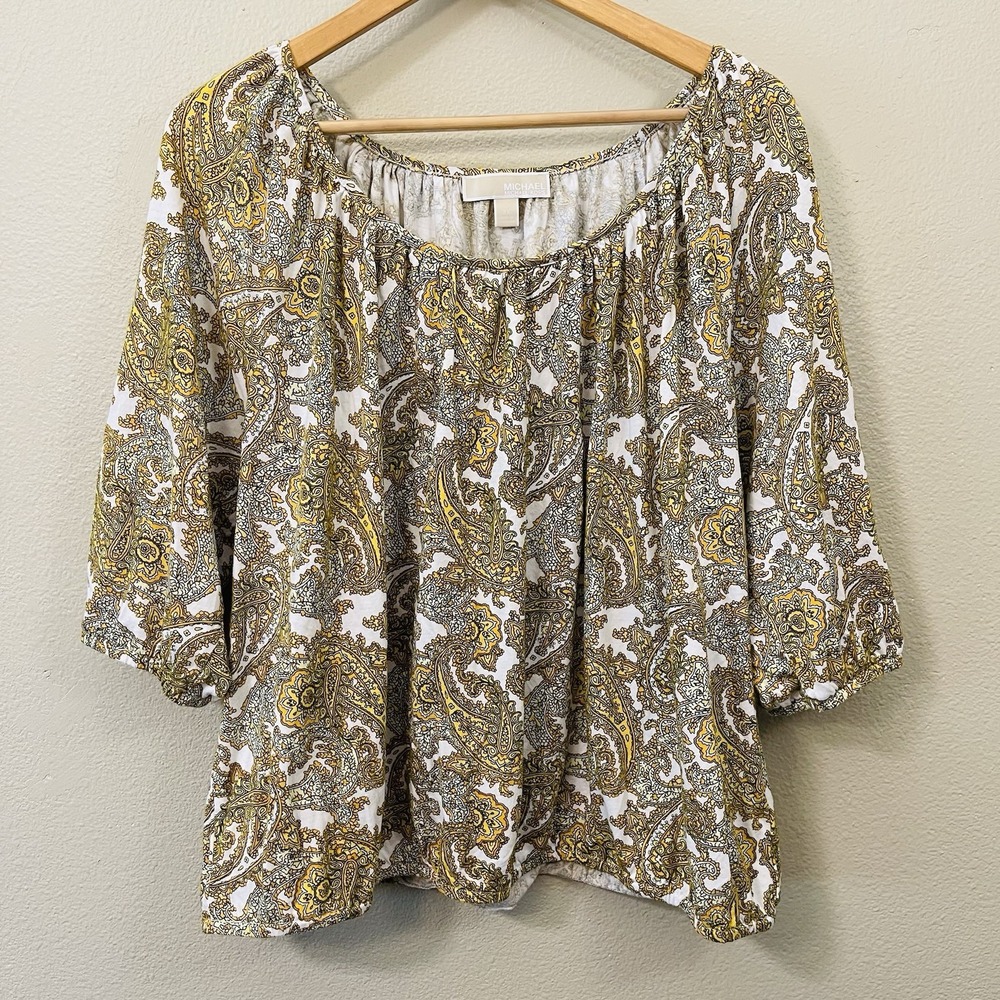 Michael Kors Boho Paisley Peasant Top Yellow 3/4 Sleeve Maximalist Plus Size 3X